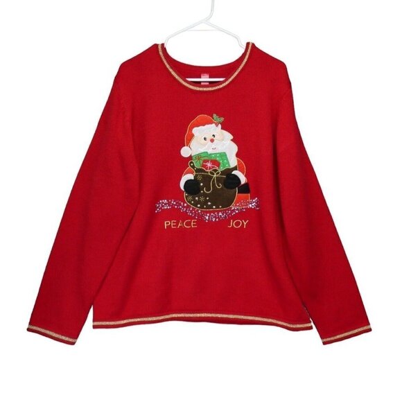 Ugly Christmas Sweater Sz XXL Santa Claus Red Sequin Applique Embroidered - Picture 1 of 11